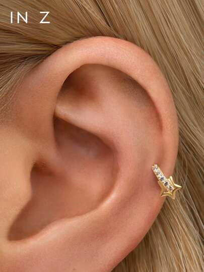 IN Z 1Pc Elegant 925 Sterling Silver Suspended Five-Pointed Star Nested Zirconia Hoop Earrings With Shiny Cubic Zirconia, Featuring A Simple Hollowed-Out Five-Pointed Star Design, Suitable For Girls And Ladies For Daily Wear And Parties