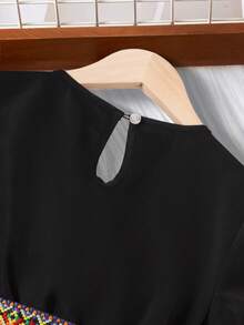 Girls' Casual Fashionable Waist Cinched Cute Sweet Dress, Spring/Summer - Black - View 5