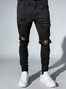 Men's Stylish Black Skinny Jeans Extreme Ripped Frayed & Ruched Ankle For Street Outfits Streetwear Casual Wear With Stretch Breathable Jeans - 黑色 - 查看 1