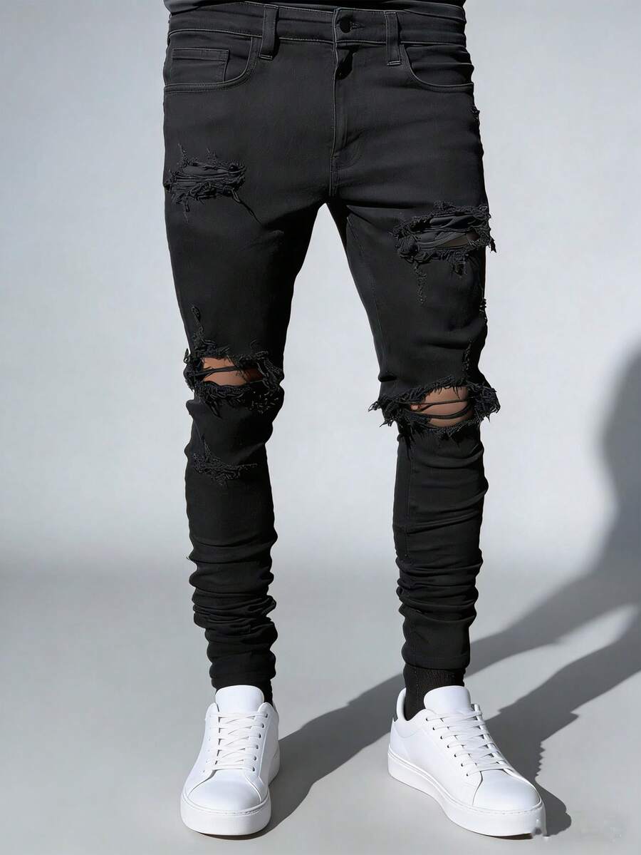 Men's Stylish Black Skinny Jeans Extreme Ripped Frayed & Ruched Ankle For Street Outfits Streetwear Casual Wear With Stretch Breathable Jeans - 黑色 - 查看 1