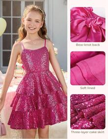 Girls Sequin Formal Dress Kids Party Special Occasion Fancy Gown Tie Back 3 Layer Prom Graduation Outfit - 玫紅色 - 查看 6
