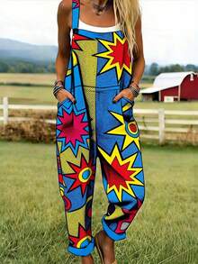 Pop Art Burst Pattern All-Over Print Women's Adjustable Strap Jumpsuit, Polyester Fiber Fabric, Lightweight And Breathable, Women's Clothing, Standard Size Jumpsuit, Plus Size Women's Clothing, Plus Size Jumpsuit And Romper, Plus Size Jumpsuit - 彩色 - 查看 1