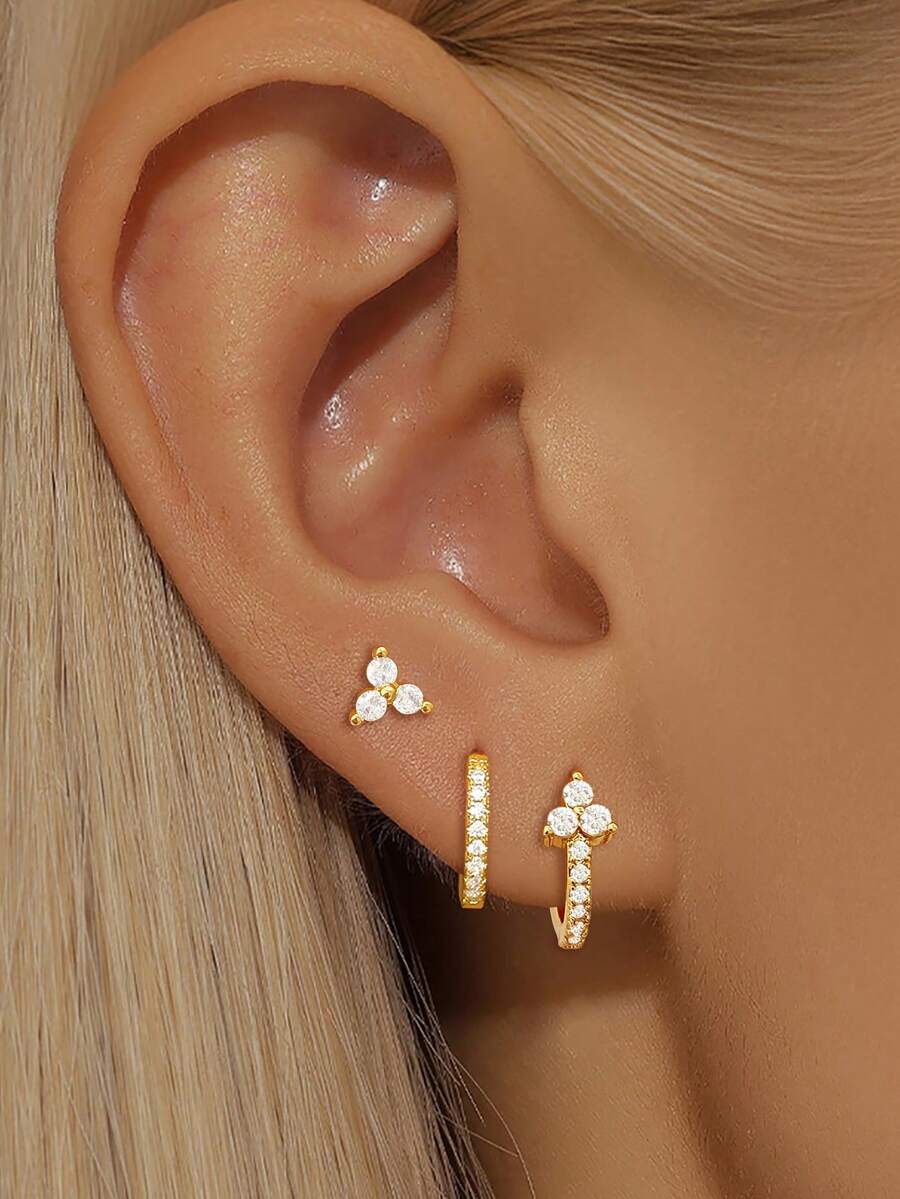 3 Pcs Exquisite Star Hoop Earrings Set For Women Gold Plated Cubic Zirconia Stud Earrings Set Wedding Party Jewelry Accessories - 3 Pcs/Set - View 1