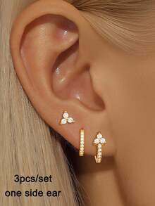 3 Pcs Exquisite Star Hoop Earrings Set For Women Gold Plated Cubic Zirconia Stud Earrings Set Wedding Party Jewelry Accessories - 3 Pcs/Set - View 10