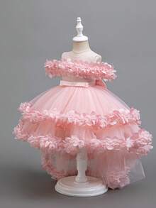 Luxury Children's Puffy Skirt, Off-Shoulder Floral Dress, Young Girl Birthday Party Trailing Dress - Pink - View 4
