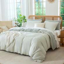 Sage Green Queen Size Comforter Set Striped 100% Soft Washed Microfiber Jacquard 3 Pieces Striped Bedding Sets Green White Comforter Queen for All Seasons and 2 Pillowcases Comfort Breathable - Rayas verde salvia - Ver 5