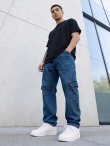 Men's Dark Denim Cargo Pants With Drawstring Waist And Slight Stretch, Unisex Long, Loose-Fitting Casual Streetwear Skate Pants. - 深色牛仔褲 - 查看 5