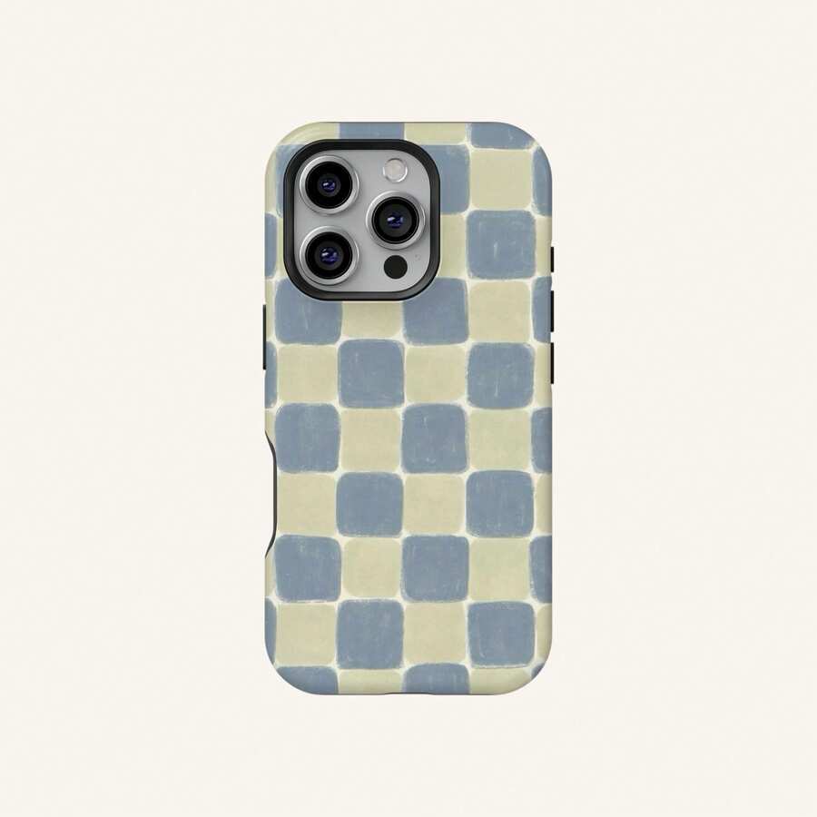Retro Checkered Blue Checkerboard Phone Case, Soft Checkered Pattern Protective Cover, Suitable For IPhone 17 16 15 14 13 12 11 Pro Max - Blue - View 1