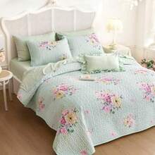 - Shabby Chic Quilt Set Floral Coquette Cottagecore Farmhouse Vintage Flowers for Women Teen Girls Reversible Lightweight Bedspread Coverlet 3 Pieces Green Queen/Full Size - Verde - Ver 4
