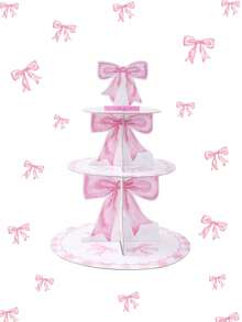 1 Set Pink Bow Baby Party Multi-Tier Cake Stand And Cake Decorations, Multi-Tier Cake Stand, Birthday Party Decorations, DIY Cake Decorating Supplies, Dessert Food Cake Edge Decor, Birthday Baby Family Holiday Party Restaurant Kitchen Decor, Home Decor, Pink Princess Birthday Party Decorations - Multicolor - View 8