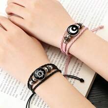 Illusory 复古发光日月情侣皮手链，多层串珠编织，饰以人造水晶吊坠，男女皆宜朋克风PU皮友谊手链，学生朋友礼物 - 夜光日月 - 查看 4