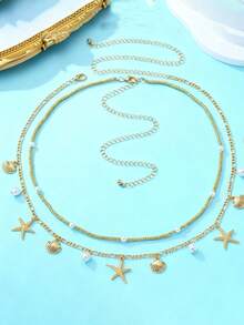 1 Set Of 2 Bohemian Style Ocean Series Shell & Starfish Beaded Women Waist Belt - Gold - View 5