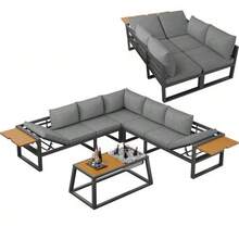 Modular Outdoor Sofa Set With Adjustable Backrest, Folding Armrests And Metal Ice Bucket, 10 Cm Thick Cushions For Terrace, Balcony, Poolside, Grey/Beige - 灰色 - 查看 12