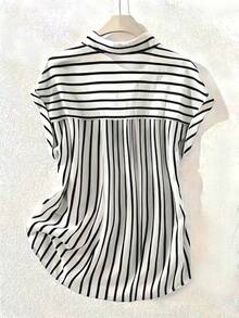 Summer Fashion Striped Single-Breasted Drop Shoulder Short Sleeve Shirt, Polyester Contrast Color Front Button Closure, Short Front Long Back, Summer - Black and White Stripes - View 5