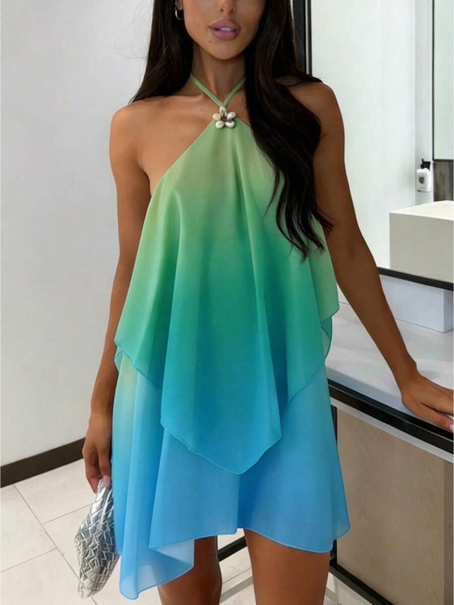 Women's Gradient Halter Mini Dress, Layered Ruffle Hem Dress For Summer Club Nights  Party Outings - Màu xanh nhạt - Xem 1