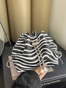 Zebra Print Fashion New One Shoulder Diagonal Handbag, Briefcase, Office Commute Bag, Drawstring Bucket Bag, Minimalist Stylish Metal Chain Shoulder Bag - Multicolor - View 9