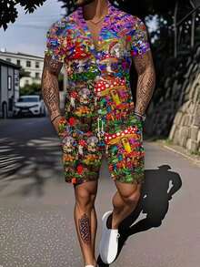 A Set Of Men's Short-Sleeve Cuban-Collar Shirt And Beach Pants, Lively And Playful, Woven Fabric, Lightweight And Quick-Drying, For Relatives And Friends, Suitable For Pool Parties In Summer, Colorful Mushroom Fantasy Print - Nhiều màu - Xem 1