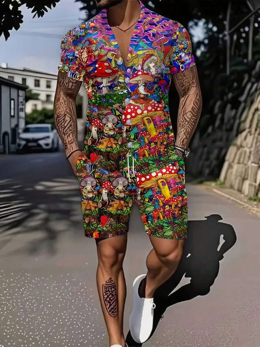 A Set Of Men's Short-Sleeve Cuban-Collar Shirt And Beach Pants, Lively And Playful, Woven Fabric, Lightweight And Quick-Drying, For Relatives And Friends, Suitable For Pool Parties In Summer, Colorful Mushroom Fantasy Print - Nhiều màu - Xem 1