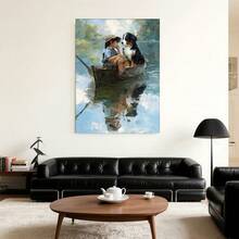 Con marco Cuadro 2D plano, 2D plano, 1 pieza de arte vintage con un niño y un Bernese Mountain Dog en un barco, enmarcado y listo para colgar. Esta pintura en lienzo sirve como decoración para guarderías, salas de estar u oficinas - Enmarcado - Ver 3