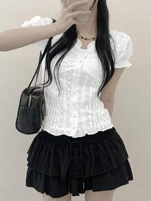 YCYC 韓式花卉紋理女款鈕扣短袖休閒襯衫 白色 夏季 - 白色 - 查看 3