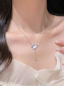 1件S925纯银独特奢华优雅创意锆石贝壳蝴蝶流苏珍珠项链，适合女士宴会、派对和日常佩戴 - 銀色 - 查看 4