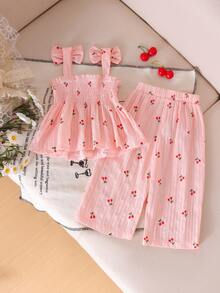 2pcs Baby Girls Cute Fresh Suspender Top + Pants Set, Spring/Summer - Pink - View 2