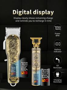 HIENA Máy cắt tóc chuyên nghiệp không dây khắc hình rồng với đầu điều chỉnh được, bộ máy tỉa tóc lưỡi chữ T có màn hình hiển thị kỹ thuật số. - Nhiều màu - Xem 3