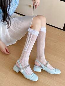 1/3 双春夏薄款过膝袜，芭蕾舞鞋款中筒袜，洛丽塔蝴蝶结袜，网眼镂空无跟长袜，蕾丝边直筒袜，心形图案袜 - 彩色 - 查看 11