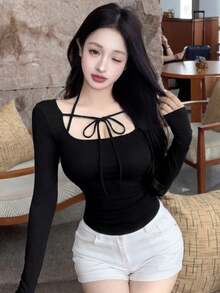 新款性感露肩修身短款上衣，袖口系带，适合春夏穿着 - 黑色 - 查看 8