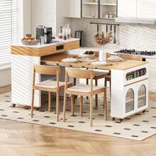 Kitchen Island With Wheels, Extendable Dining Table With Power Strips And Ribbed Glass, Sideboard With One Drawer, Serves As A Kitchen Island, Sideboard For Kitchen And Dining Room (White+Natural) - Khaki - View 2