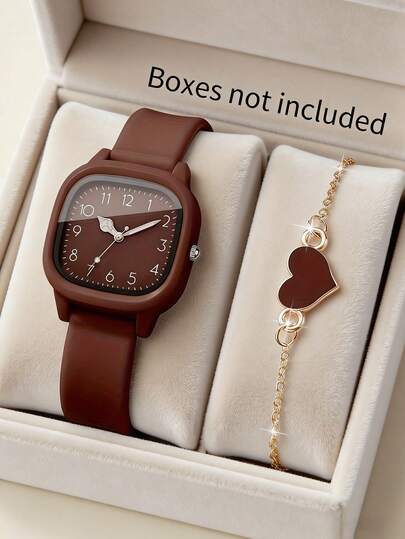 每套包含两件。这款时尚简约的优雅硅胶腕带，搭配方形指针式数字显示和小型石英表，以及一条心形手链，组成一套完整的首饰。适合在派对、聚会、学校等场合佩戴查看时间，也是母亲节、开学季和复活节送给母亲/朋友的绝佳礼物。