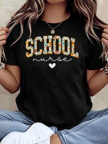 Camiseta TrendySchool con Diseño Floral de Enfermera para Mujer, Top Casual con Estampado de Corazón, Perfecta para el Trabajo o Uso Diario - Negro - Ver 3