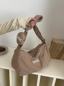 1 chiếc túi xách nữ màu kaki nhung kẻ, khóa kéo trơn, trang trí chữ, thời trang, đa năng, màu trơn tối giản, hàng mới về mùa xuân, kiểu dáng Niche, đeo chéo vai 2 mảnh, phù hợp cho nữ sử dụng hàng ngày. - Màu Khaki - Xem 7