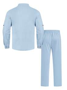 1 Set Men's Lightweight Loose Fit Summer Outfit: Light Blue Long Sleeve Button-Up Collared Shirt + Straight Leg Pants (Note: Linen Fabric May Wrinkle Easily And Have Slight Transparency, Please Consider Before Purchasing. Refer To Size Chart In Details) - Baby Blue - View 3