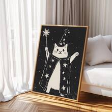 1pc Wizard Cat Wall Art Picture Vintage Linocut Style Magic Cat Canvas Print Paintings|Black And White Celestial Witchy Cat Decor For Bedroom,Living Room Or Office Home Decor,Mystical Astrology Animal Poster,Unique Gift For Her,Unframed,Wooden Hanger Frame Or Framed - Pattern - View 6