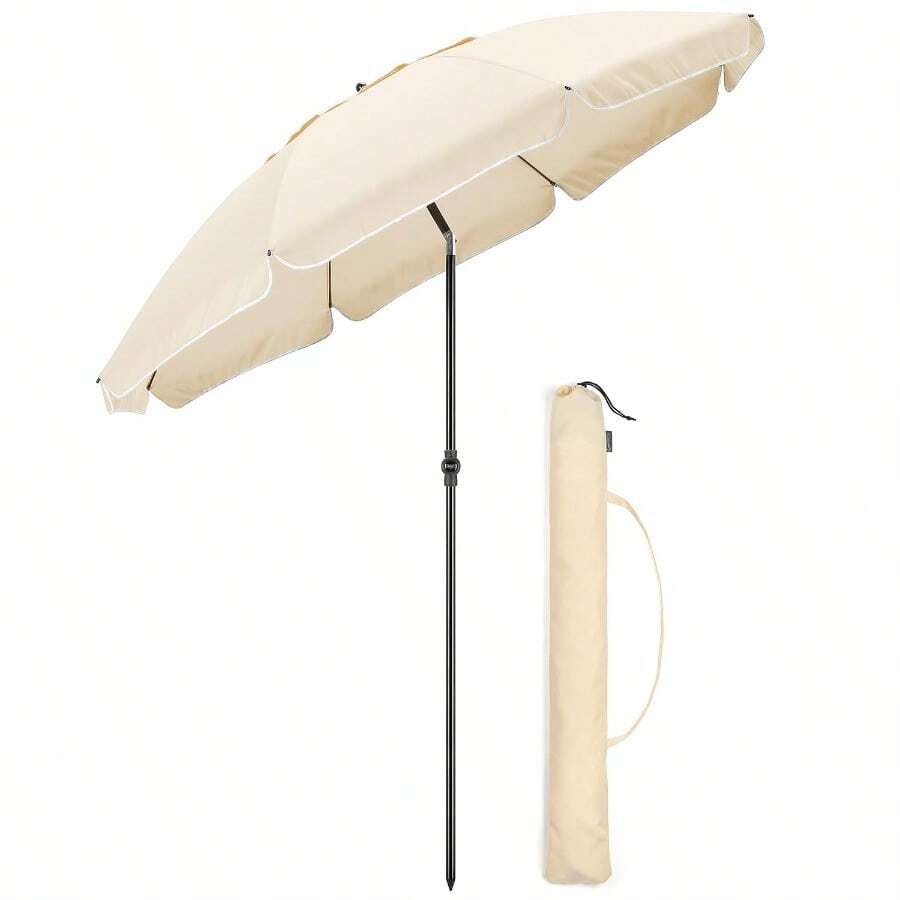 Beach Umbrella Portable Tilting Parasol Sun Shade With UV Protection - Cream - 查看 1