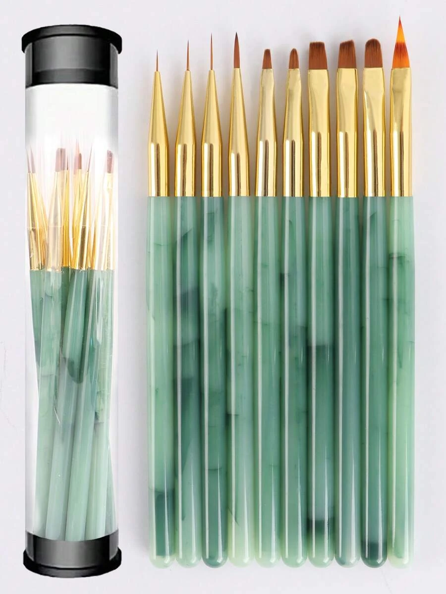 10 pièces Set de pinceaux à ongles avec tube de rangement, manches en marbre vert jade et rose. Outils de nail art pour gel, détails, liner et application acrylique - Multicolore - Voir 1