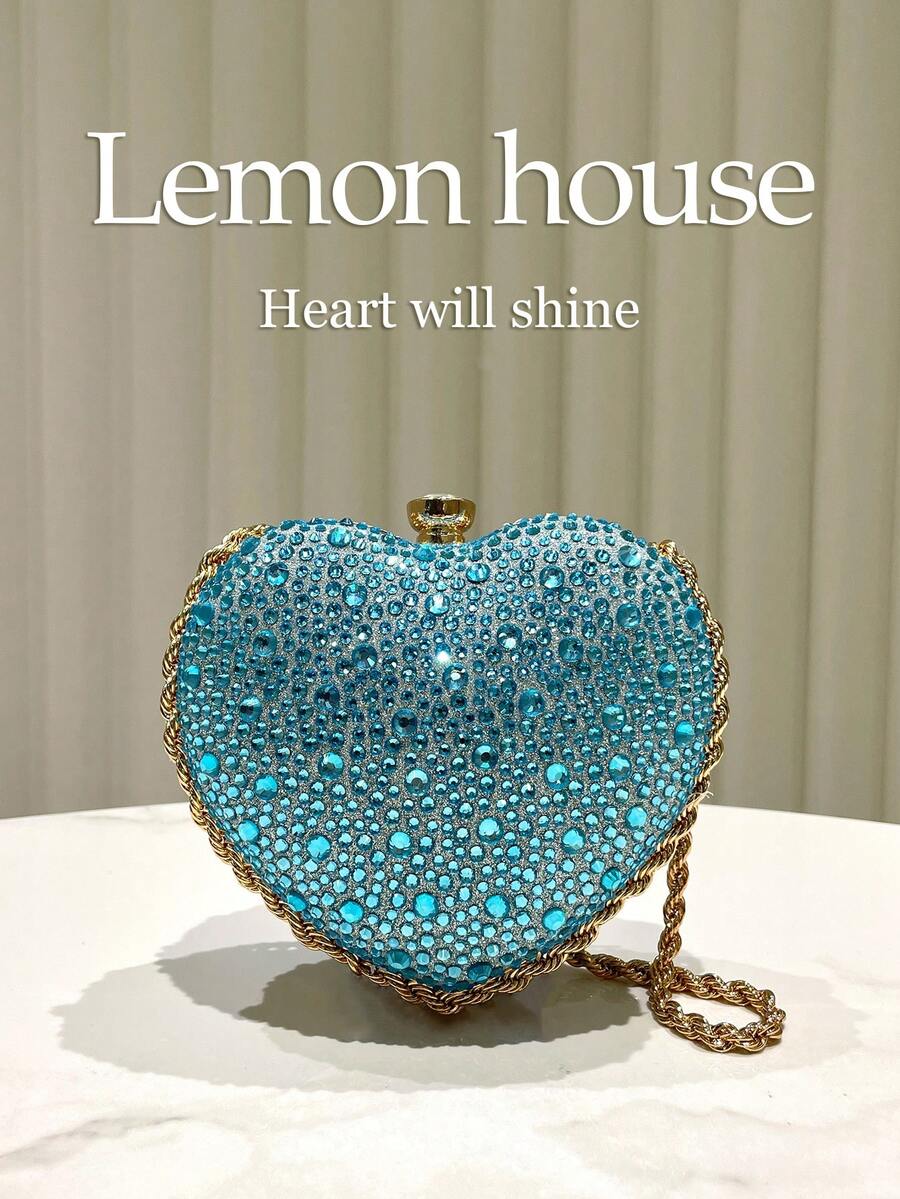 1个闪亮迷人的蓝色水钻心形手拿包，可爱迷你心形亮片不对称晚宴包，适合女性、婚礼、派对、庆典等场合。 - 藍色 - 查看 1