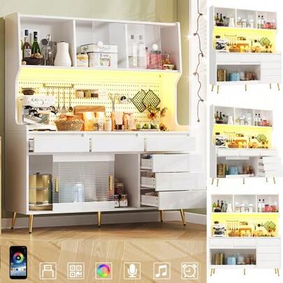 Modern Sideboard With LED Lighting & App, Narrow Tall Cabinet For Kitchen & Living Room, Stylish Storage Cabinet With Pegboard, Drawer & Glass Shelves 145x39x171 Cm, Walnut Color