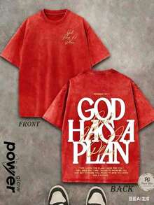 Jesus Tee God Has A Plan Graphic Tee Double-Sided Print Washed T-Shirt Holiday Gifts Y2K Men's Graphic Tees, Street - Style Vintage Washed T - Shirts, 230G Cotton T - Shirts, 100% Pure Cotton, Unisex Graphic Tees Halloween Back To School ShirtsNew Casual T-Shirts For Men And Women - 紅色 - 查看 1