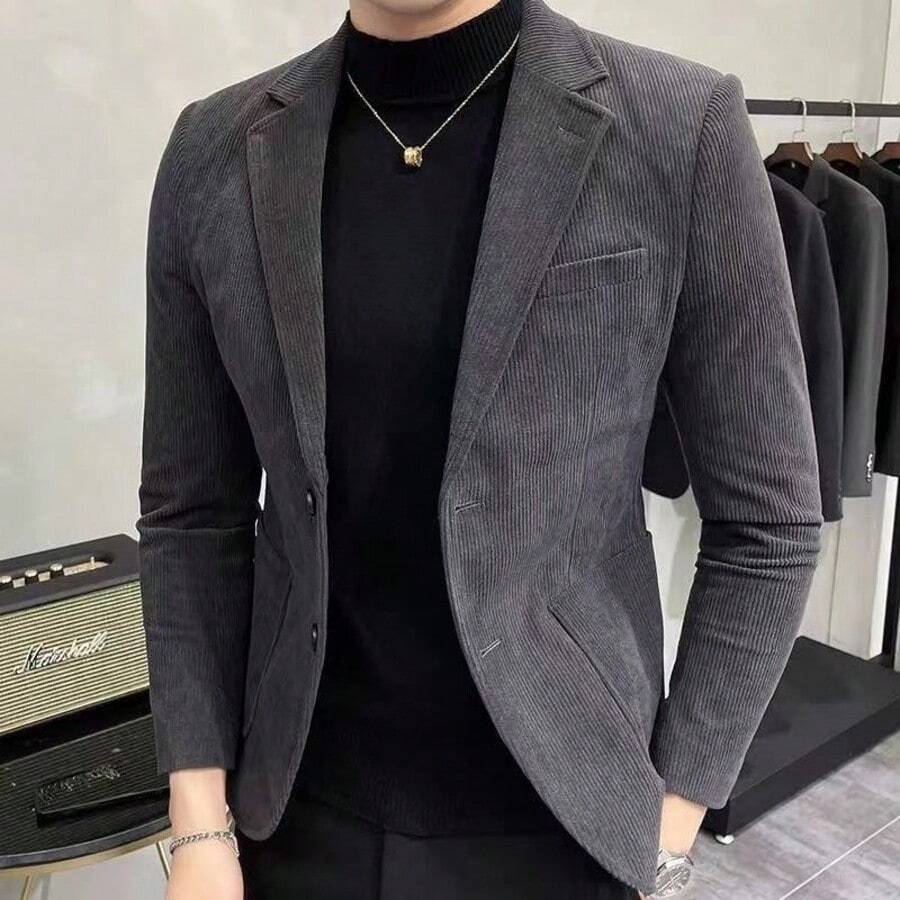 Must-Have For Handsome Guys! Men's Suit Jacket, Comfortable Casual Corduroy Suit, Slim Fit Retro Casual Warm Suit Jacket, Suitable For Business Daily Banquets - Xám - Xem 1