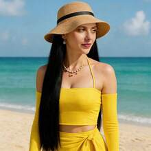 20英寸合成假发配沙滩帽，直发一体式假发帽，夏季防晒帽，黑色长直发全头假发 - Dark Brown - 查看 3