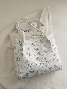 1 chiếc túi xách tay tối giản, chất liệu nylon trắng, in hình bướm và hoa, quai buộc thắt nút, kiểu dáng thường ngày, thời trang và đa năng dành cho nữ, mẫu mới mùa xuân. - trắng - Xem 9