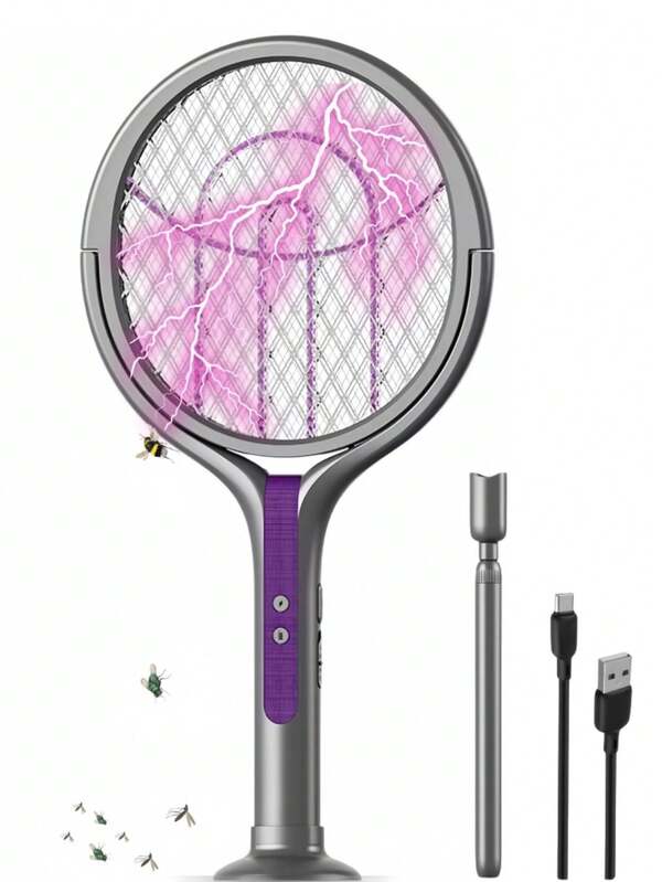 Matamoscas y mata insectos eléctrico - Raqueta recargable mata mosquitos de 2800V con luz UV, mango telescópico y malla de - Trampa de insectos para interiores y exteriores