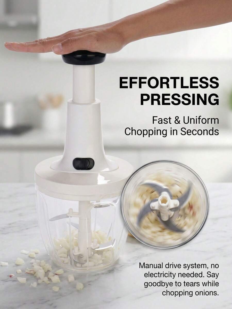 1 Manual Push-Button Food Chopper, 900ml Capacity, Garlic And Onion Crusher, Fast Vegetable Cutter, Meat Grinder, Kitchen Tool, No Electricity Required. - Black and White - View 1