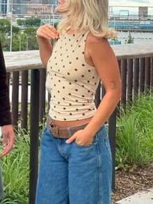 Women's Y2k Polka Dot Tank Top Sleeveless Round Neck Slim Fit Vest Crop Tops Summer Basic Going Out Tops Tee Party Streetwear - 米色 - 查看 3