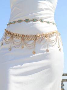 2 pièces Chaîne de taille style bohème vintage à plusieurs couches avec design de pétales de marguerite et pièces d'or, chaîne de taille sexy à franges arabes, convient pour la plage, les vacances, les fêtes, Halloween, le campus d'automne - Doré - Voir 6