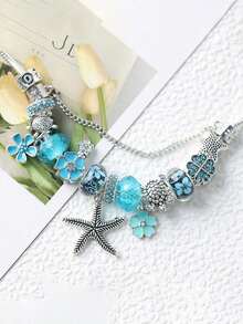 1pc European And American Fashion Creative Women Summer Ocean Style Bracelet, New Blue Ombre Flower, Starfish, Sea Turtle Charm Bracelet - Blue - View 6