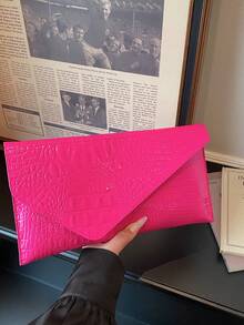 Fashionable Solid Color Elegant Crocodile Embossed Envelope Clutch Bag, Casual Versatile Handbag - Hot Pink - View 9