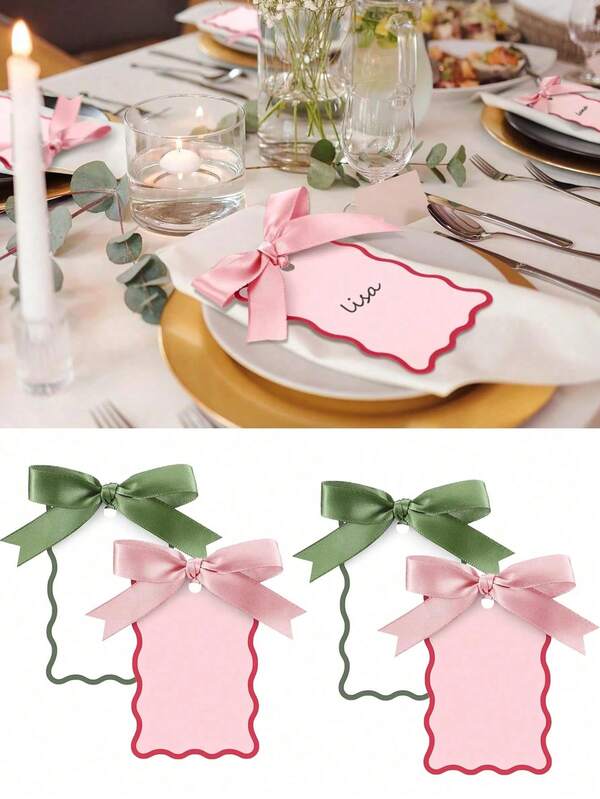 48 pièces Cartes de nom de forme de coquille avec rubans, cartes de table de mariage et set de rubans, décoration de table de fête élégante, décoration de table de dîner d'anniversaire et de fiançailles, cartes de placement de mariage DIY avec rubans pour l'aménagement de la table